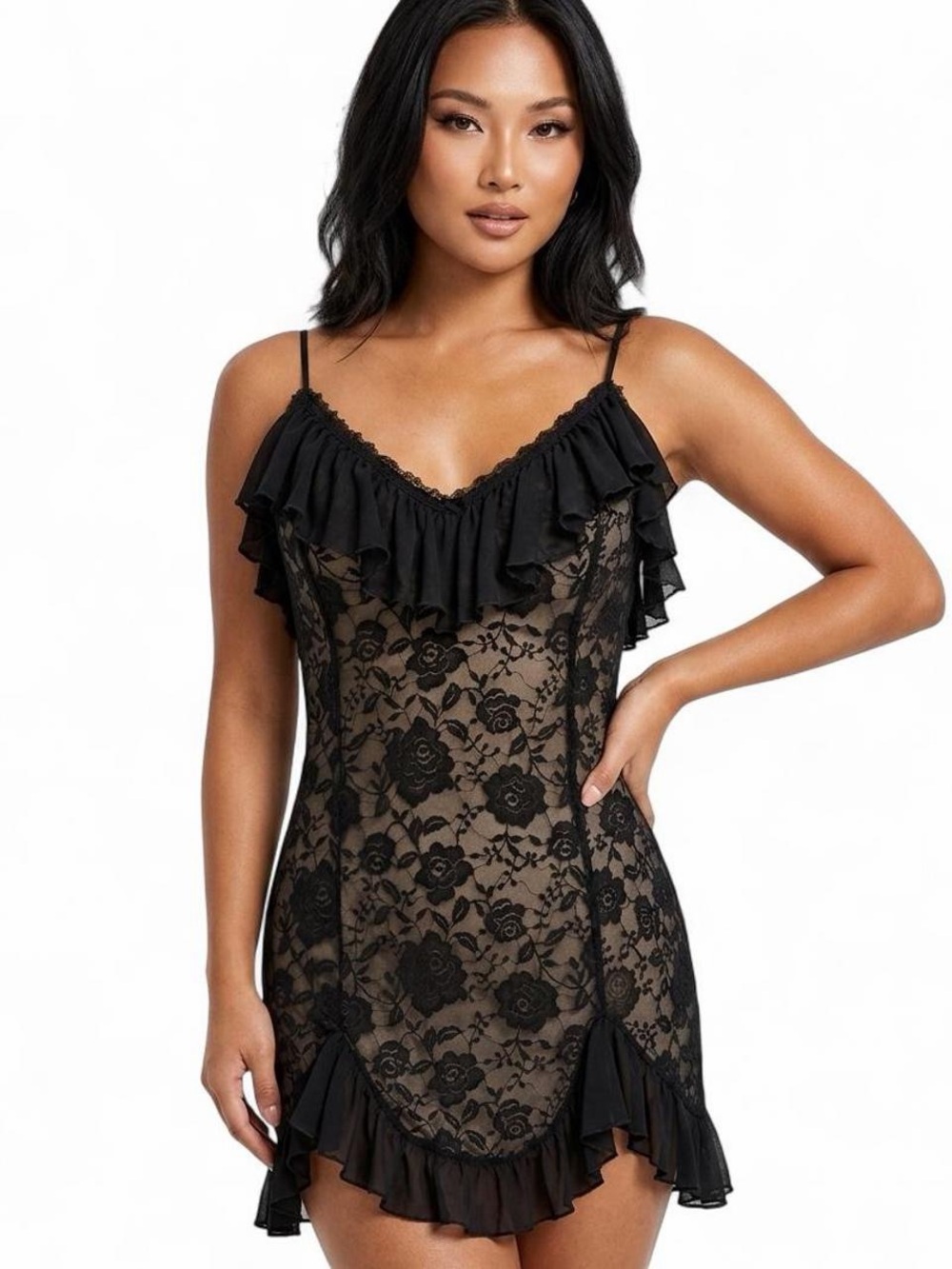 Out From Under Sheer Black Lace Ruffle Slip Dress Size S Goth Coquette